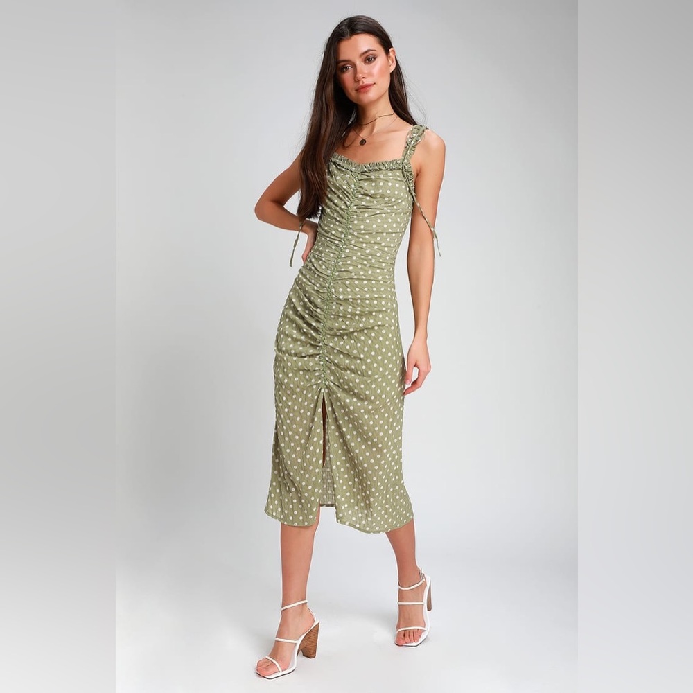 LULUS Carlee Sage Green Polka Dot Ruched Midi Dress